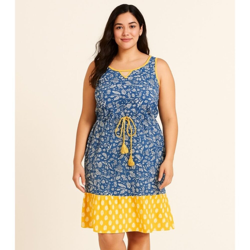 NEW Matilda Jane Womens Blue Ridge Dress Floral Sleeveless Yellow Trim Size M